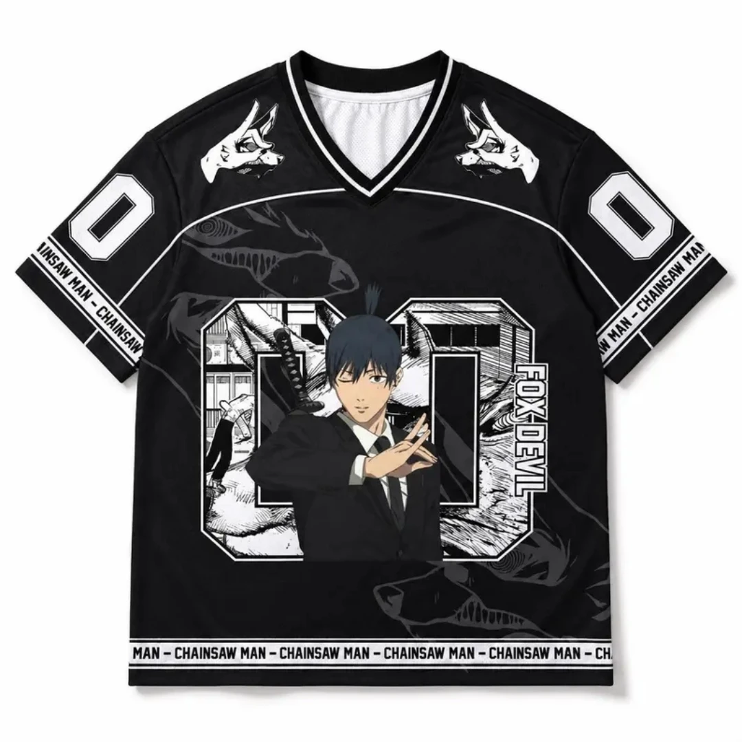 Aki Hayakawa Breathable Mesh Black and White V-neck Anime Fox Devil Manga 00 Pattern Sports Loose Casual T-shirt