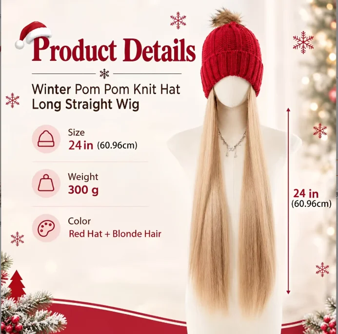 Women's Autumn Winter Integrated Knit Hat with Wig, Made of High Temperature Synthetic Fiber, Suitable for Daily, Holiday & Cosp