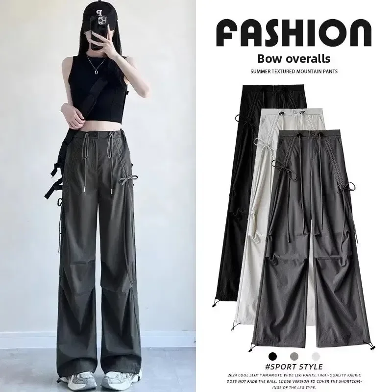 Pop Pop American Style Parachute Work Pants Women High Waist Slimming Butterfly Knot Wide Leg Long Pants High Quality New Summer
