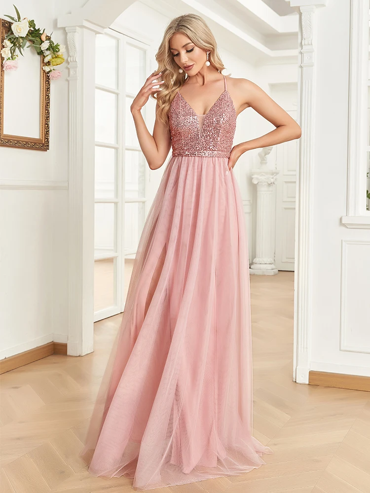 XUIBOL Elegant Sequins Evening Dress For Women 2024 Sexy Deep V-neck Tulle Prom Party Pink Dress Floor Length Cocktail Gowns