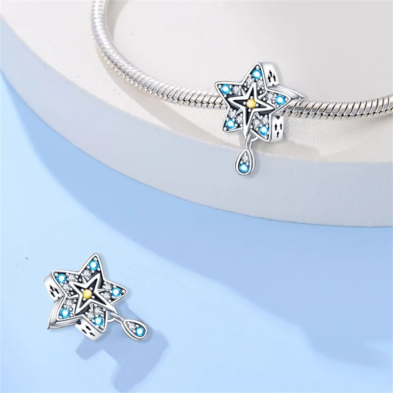 

925 Sterling Silver Shining Star Coin Charms Beads For Women Fit Original Bracelet DIY Birthday Party Jewelry Gifts