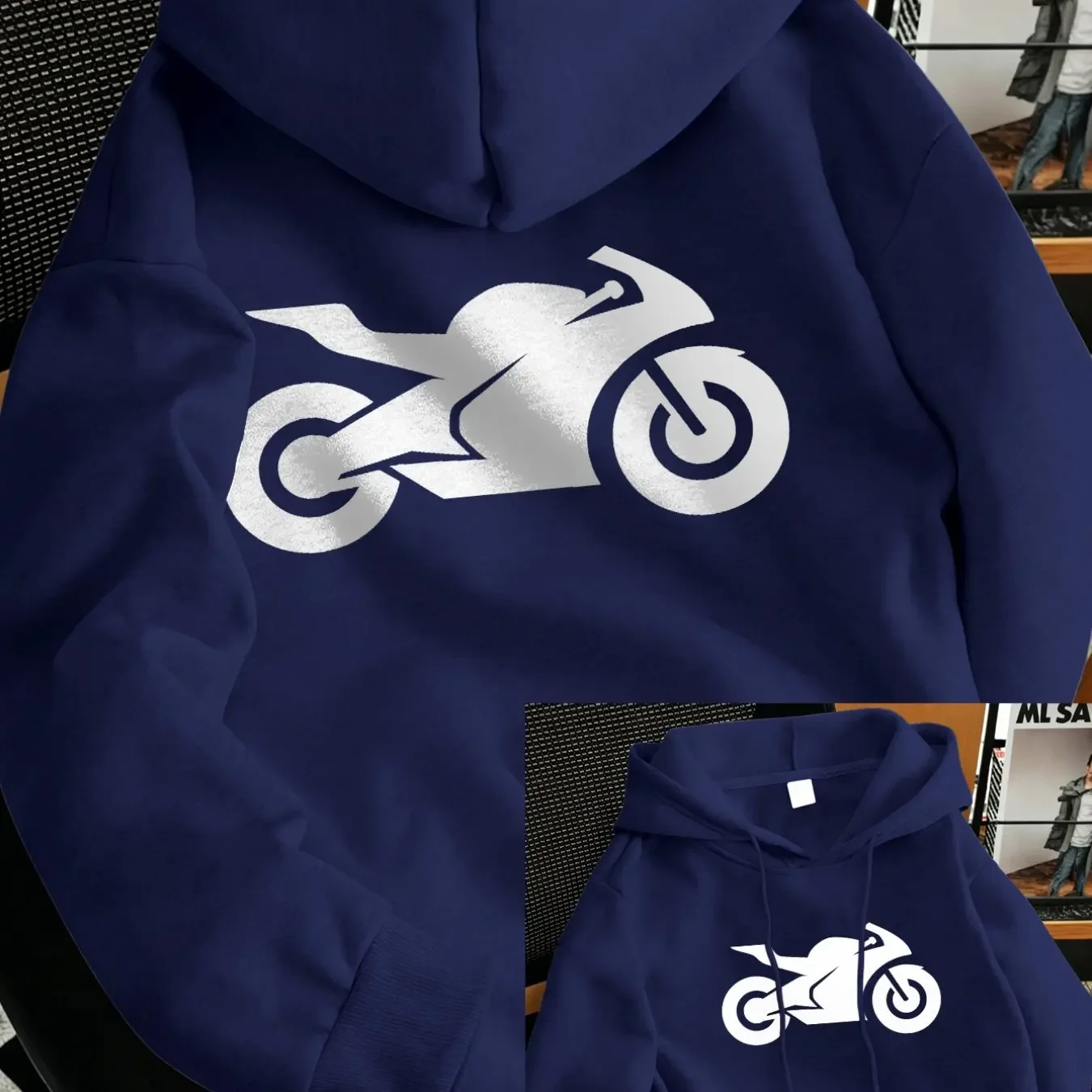 Men Sport Motorcycle Silhouette Back Print Hoodie Casual Loose Long Sleeve Fleece Pullover Street Biker Sweatshirt