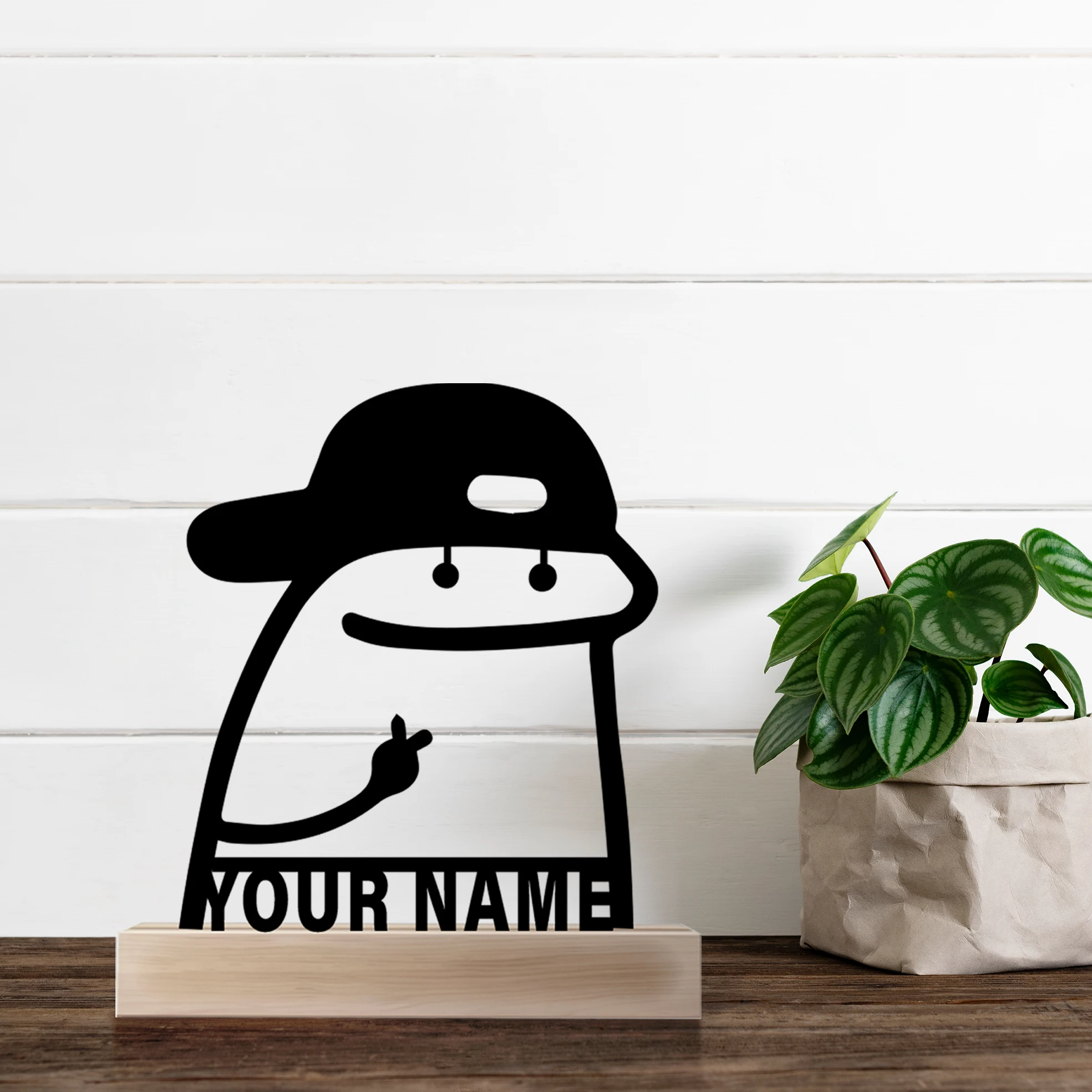 1 pc a short person with a backward cap Custom Text Metal Statue With Wood Base Iron Ornament Metal Sculpture Art Crafts With