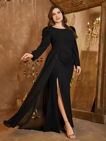UNITHORSE Plus Women's Round-Neck Bubble Sleeve Slim-Fitting Chiffon Evening Dress