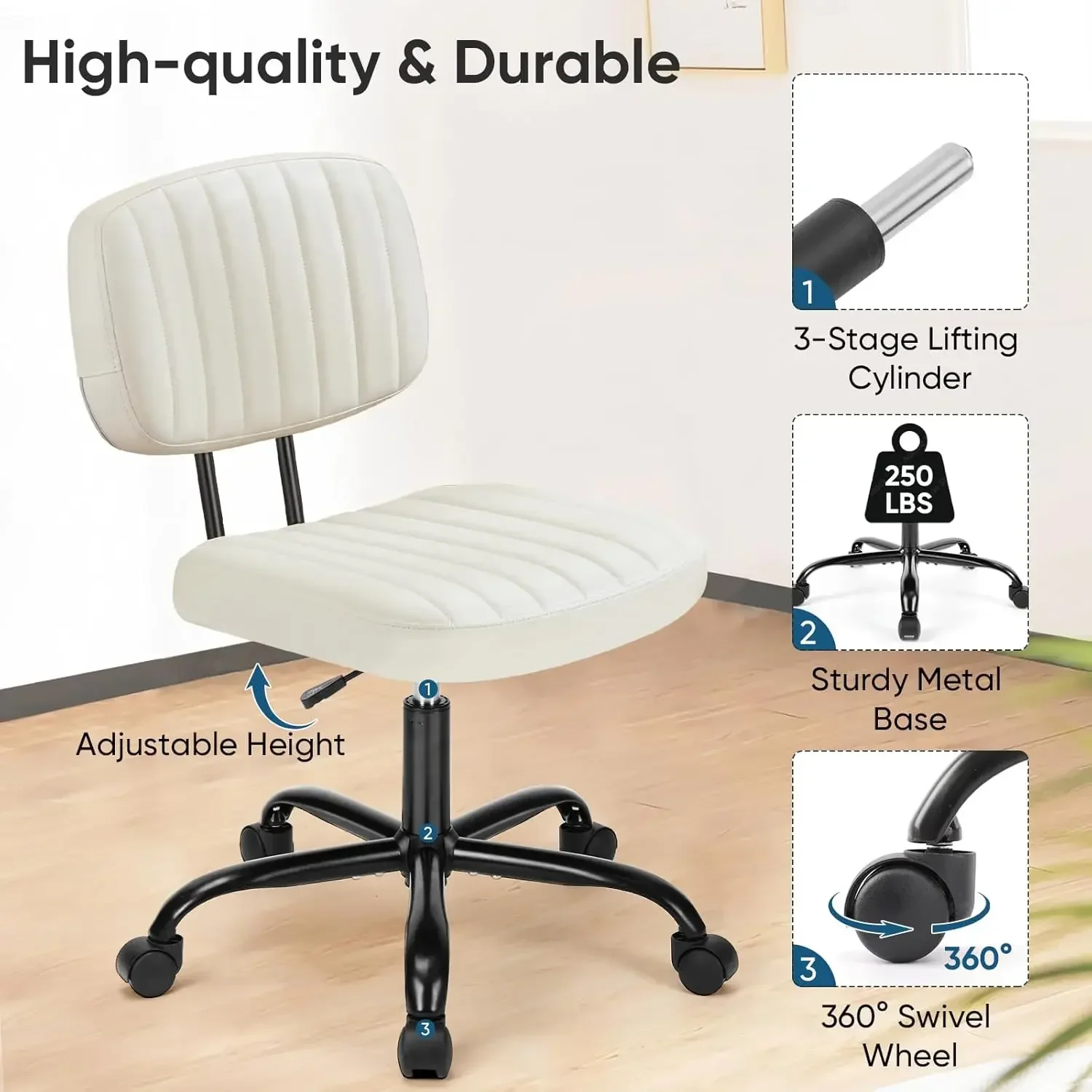 Armless Home Office Desk Chair Ergonomic with Low Back Lumbar Support, Height Adjustable PU Leather Computer Task