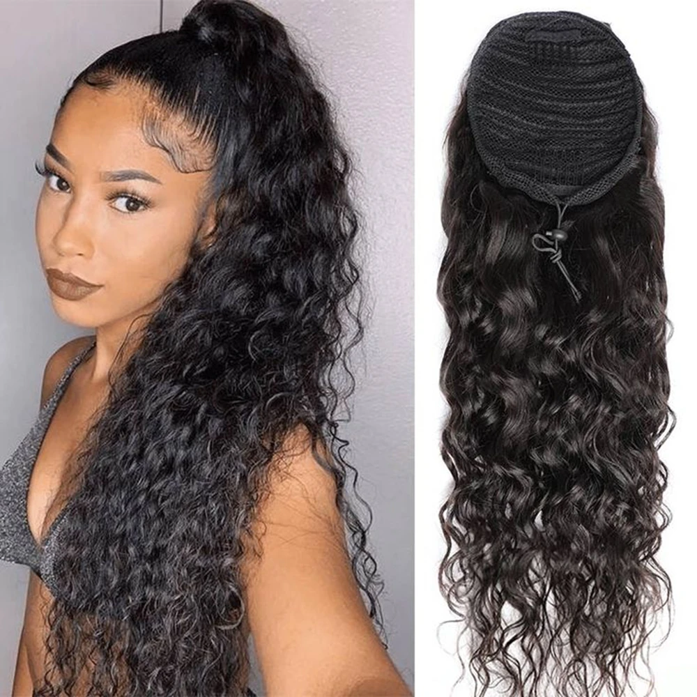 Human Hair Extensions Deep Water Wave Drawstring Ponytail Kinky Curly Brazilian Natural Black With Clip Ins Ponytail