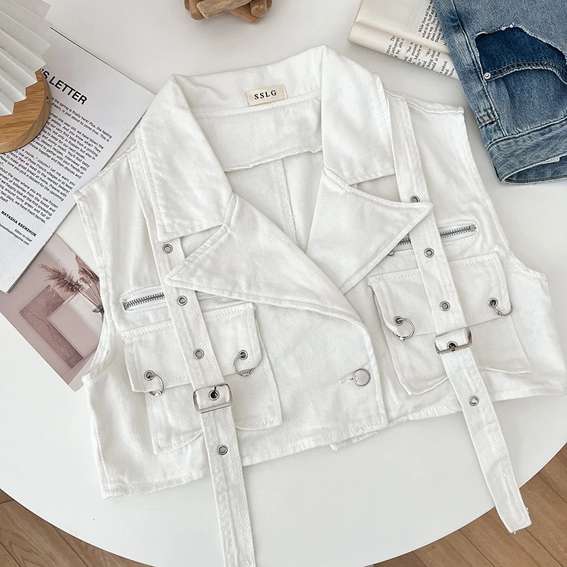 Autumn Versatile Short Jacket Waistcoat Women Personality Fashion Suit Collar Double Pocket Tooling Denim Sleeveless Vest