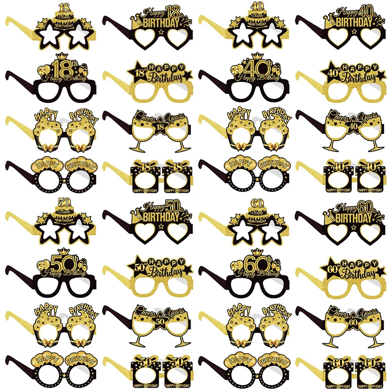 8Pcs Black Gold Series 18th  40th 50th 60th Birthday Party Paper Glasses Happy Birthday Party Decoration Photograph Prop