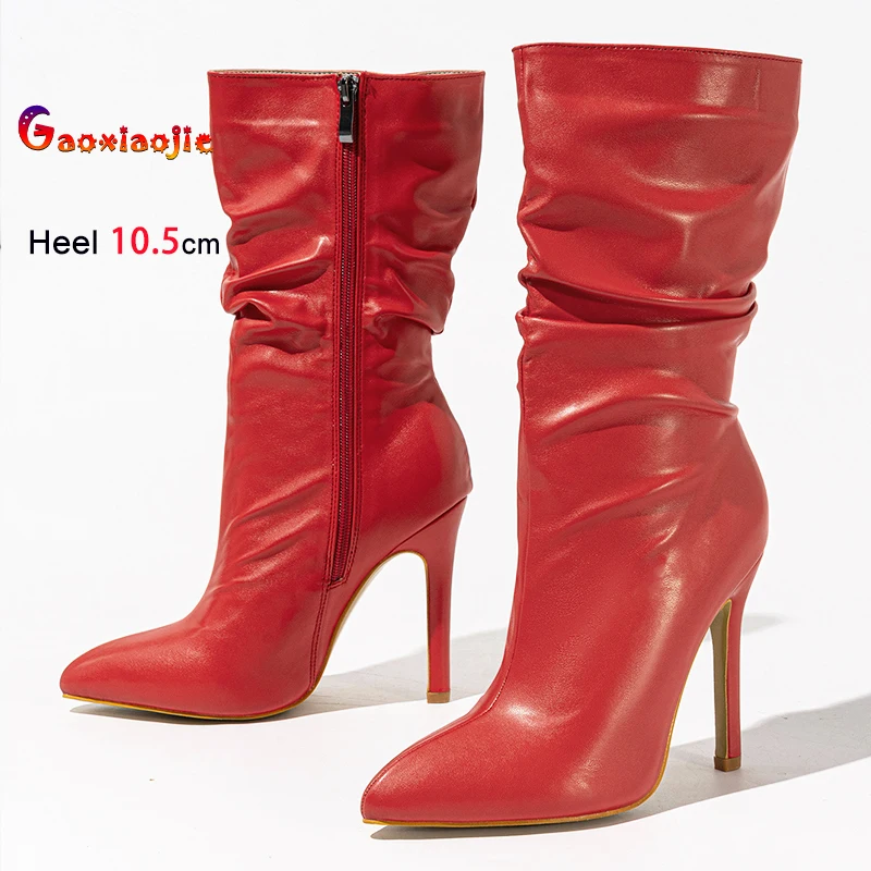 

Женские ботинки до середины икры в Европе и Америке. Модные женские плиссированные красные, черные ботинки на шпильке с острым носком, осенняя обувь 10,5 см.