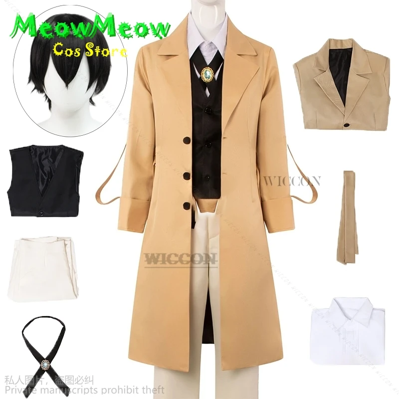 Anime Dazai Osamu Cosplay BSD Costume Man And Woman Khaki Trench Coat Uniform Suits Unisex Black Wig Roleplaying Cos Halloween