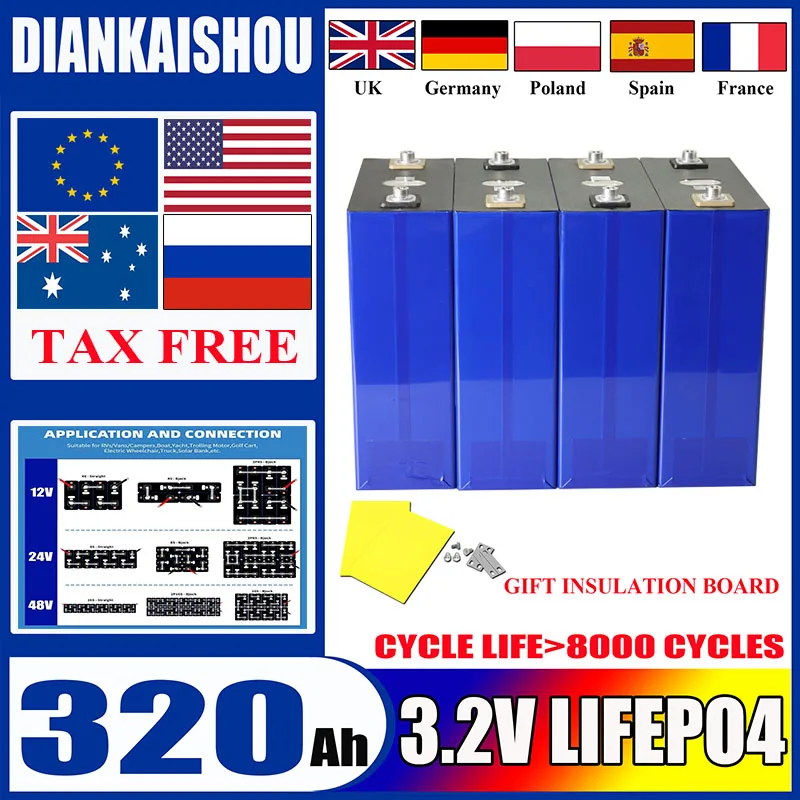 320ah 3.2v Grade A Brand new Lifepo4 rechargeable battery DIY 12V 24V 48V RV solar storage golf cart battery pack EU/US TAX-FREE