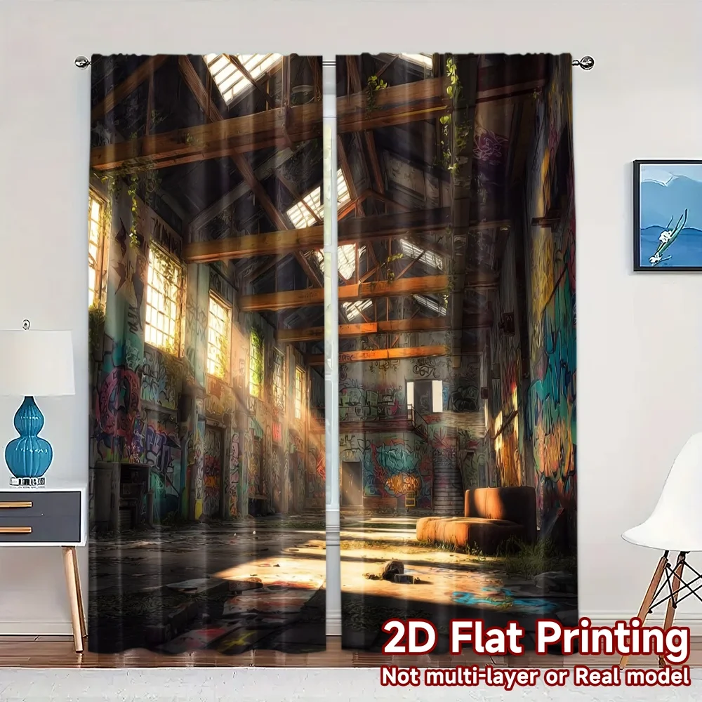 2pcs, 2D FLAT PRINTING Curtains (Without Rod) Urban Decay Creative Modern Curtains Versatile Durable Polyester Curtains Thermal