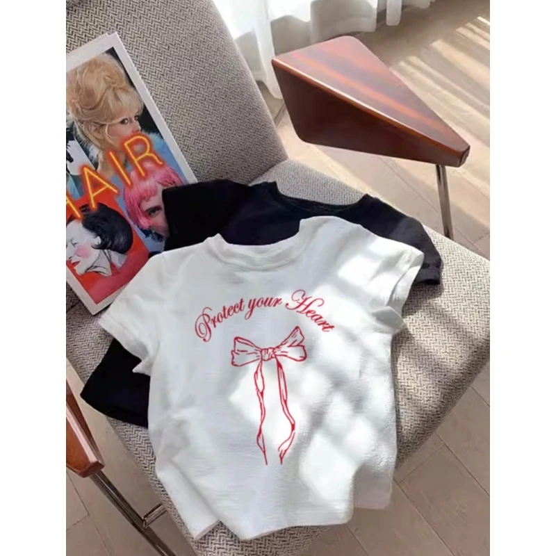 

Летняя женская футболка с узловым принтом, свободного кроя, с круглым вырезом, коротким рукавом, в корейском стиле, из смесового хлопка с эластаном