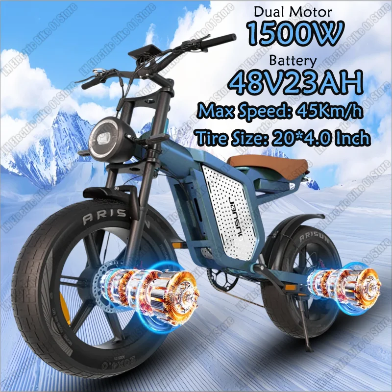 Electric Bicycle JANSNO X60 1500W Dual Motor 48V23AH Lithium Battery Electric Bike Adult 20*4.0 Inch Fat Tire Motorcycle E-Bike