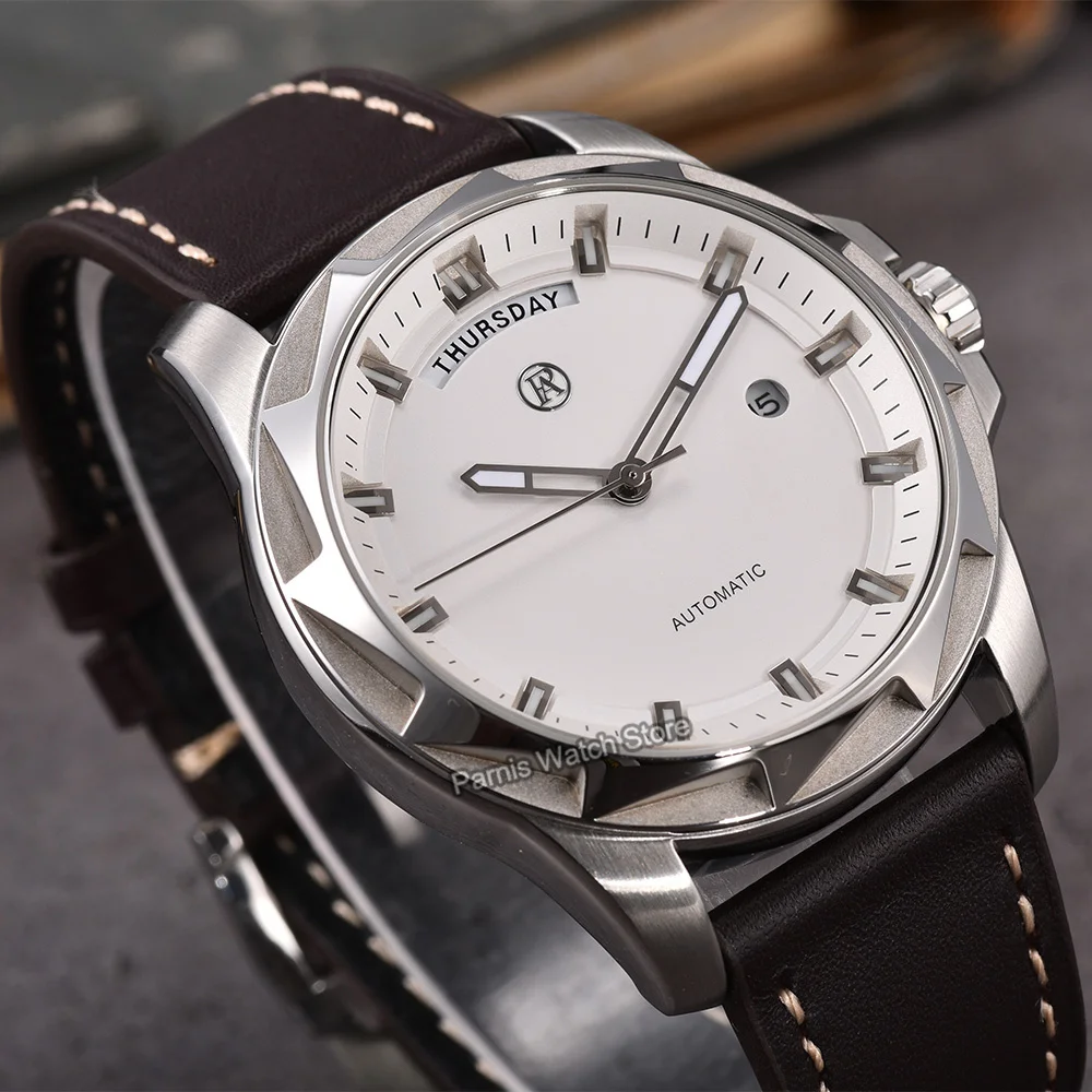 Parnis 43mm White Dial Automatic Mechanical Men Watch Leather Strap Sapphire Crystal Calendar Week Display Wristwatch