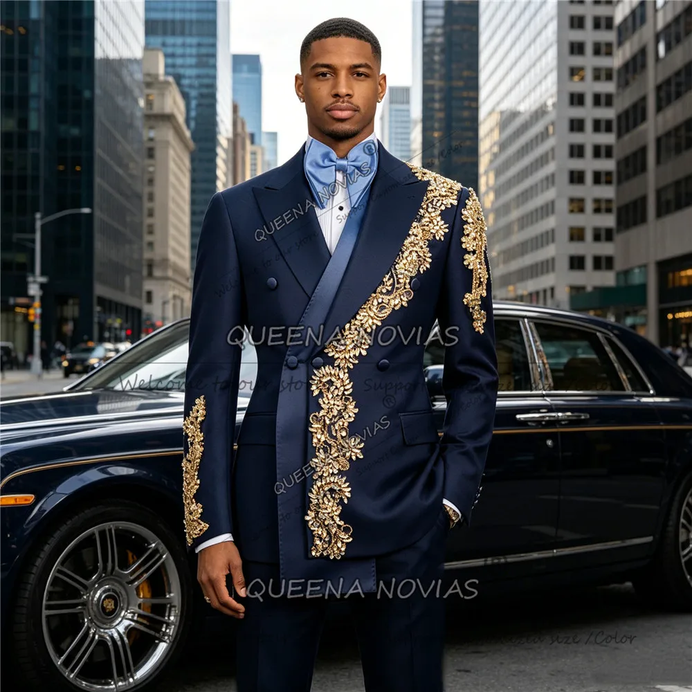 Costumes de mariage exclusifs pour homme, veste et pantalon ornés de diamants dorés, ensembles 2 piè