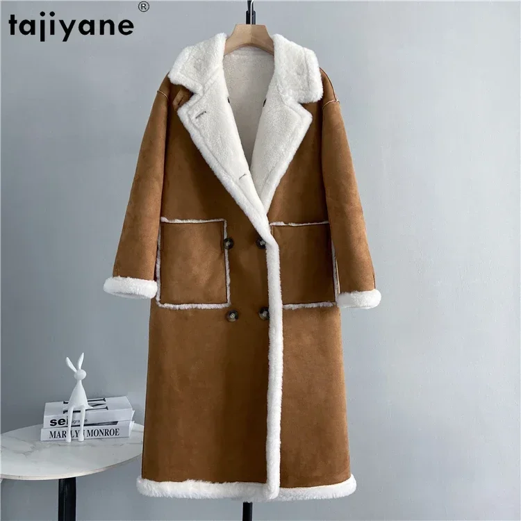 Tajiyane New Sheep Shearing Jacket for Women 2023 Elegant Standing Collar 100% Wool Coat Double Breasted Chaquetas Para Mujer