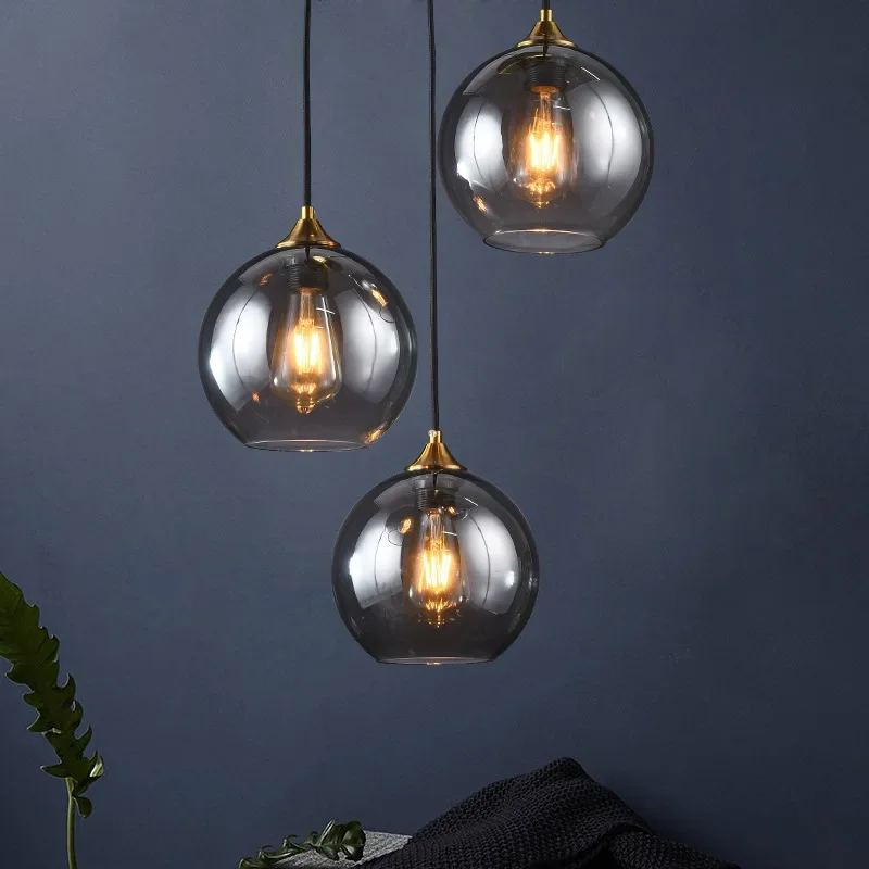 

Modern Round Glass Pendant Lamp Dining Room Shop Coffee Shop Three-head Luminaire Lighting Smoky Grey/Amber Chandelier Lights