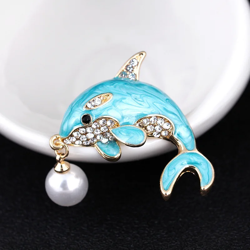 

Exquisite Alloy Enamel Rhinestone Dolphin Brooches For Women Men Elegant Sea Fish Animal Pearl Pendant Brooch Pins Jewelry Gifts