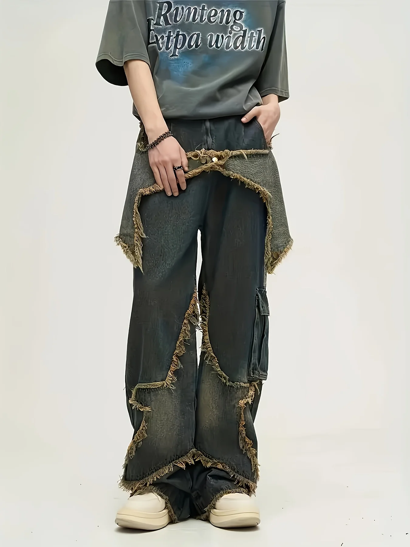 

Мужские джинсы с пятиконечной звездой, весенние, осенние и летние стили, повседневные брюки с большим карманом и потертостями в американском стиле