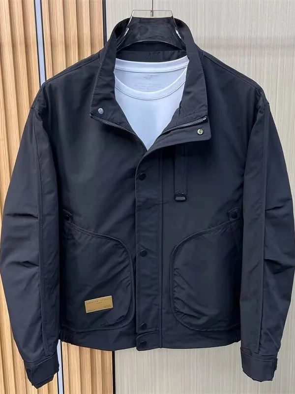 

Loose Fit Men's Workwear Jaet Pure Color Stand Collar Casual Outerwear Long Sve Cotton Utili Sle Spring Autumn