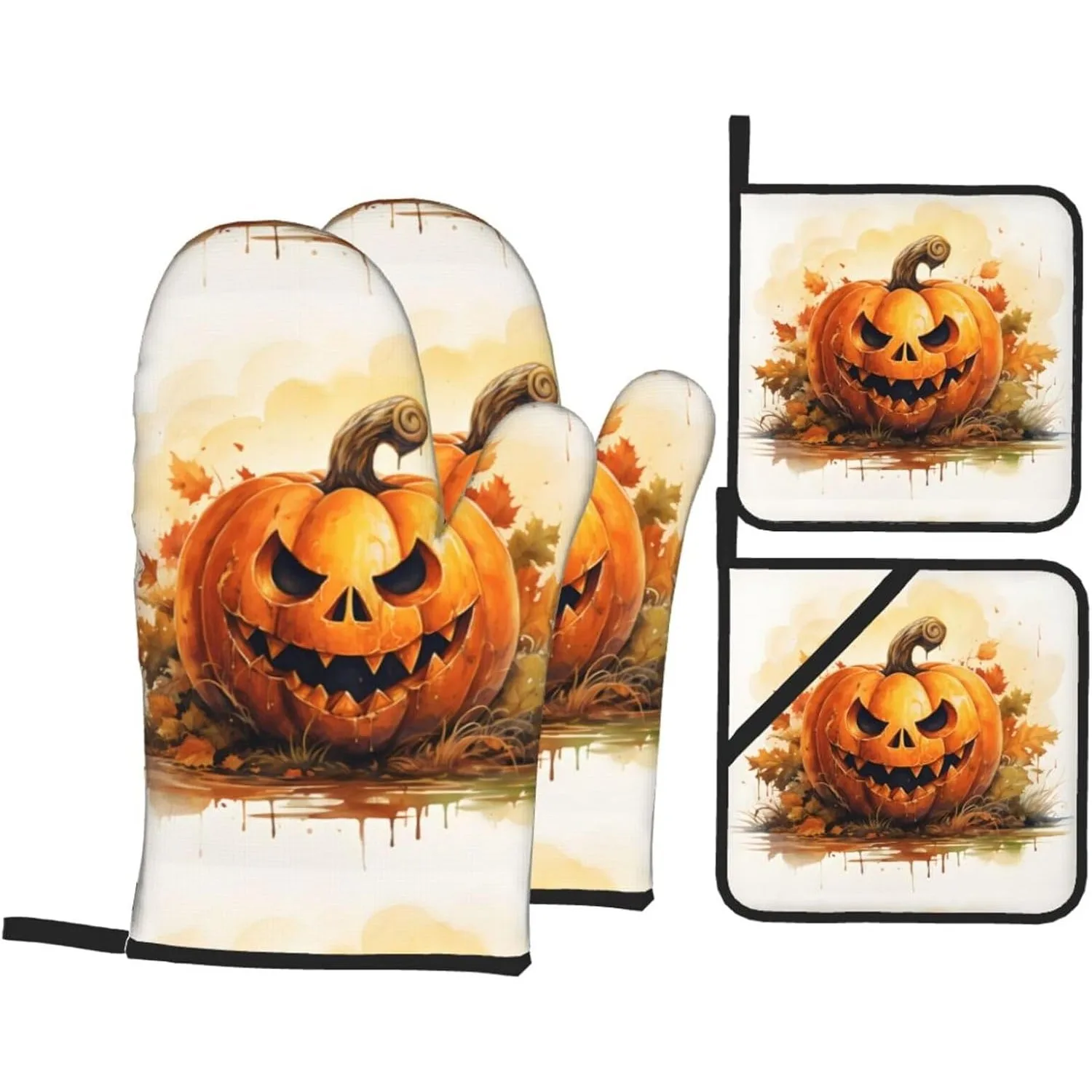 

Набор из рукавиц для духовки и подставок для кастрюль, набор из 4 предметов, тыквенный кленовый лист, термостойкие перчатки для барбекю на Хэллоуин, дополнительные папки