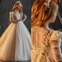 Luxury White Sequins Printing Flower Girls Dress For Wedding Party Butterfly Baptism Gowns Tulle High Neck Kids Birthday Dresses