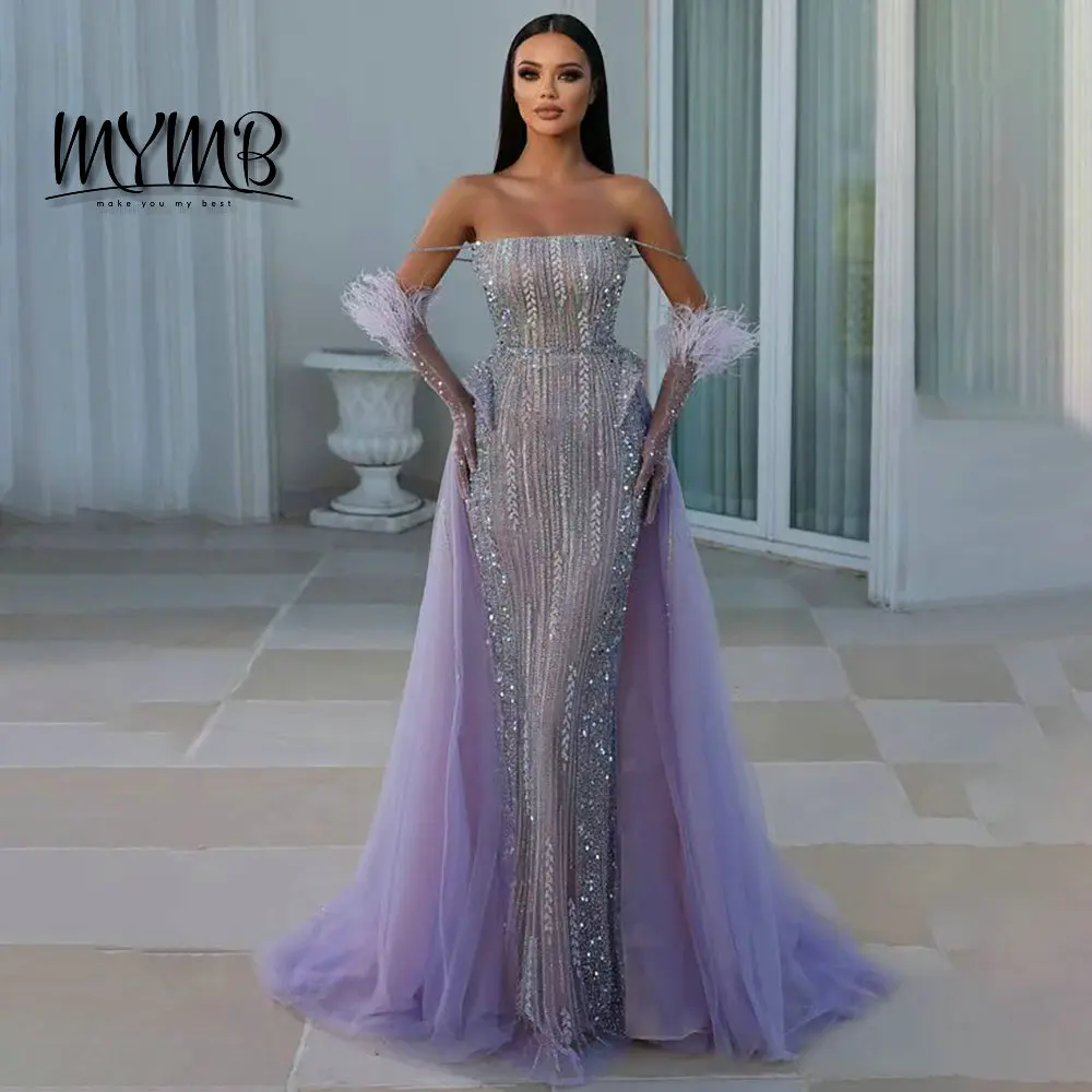 MYMB Luxury Purple Mermaid Off Shoulder Feather Beaded Evening Dress With Gloves Wedding Parties Gowns for Elegant Women MY30037