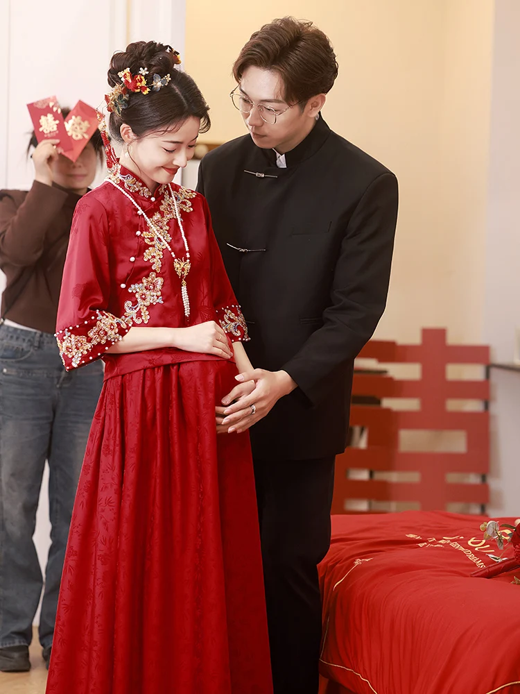 

Red Chinese Sle Wedding Dr Materni Qipao Evening Gown for Engagement Par High Waist A-Line Skirt Embroidered