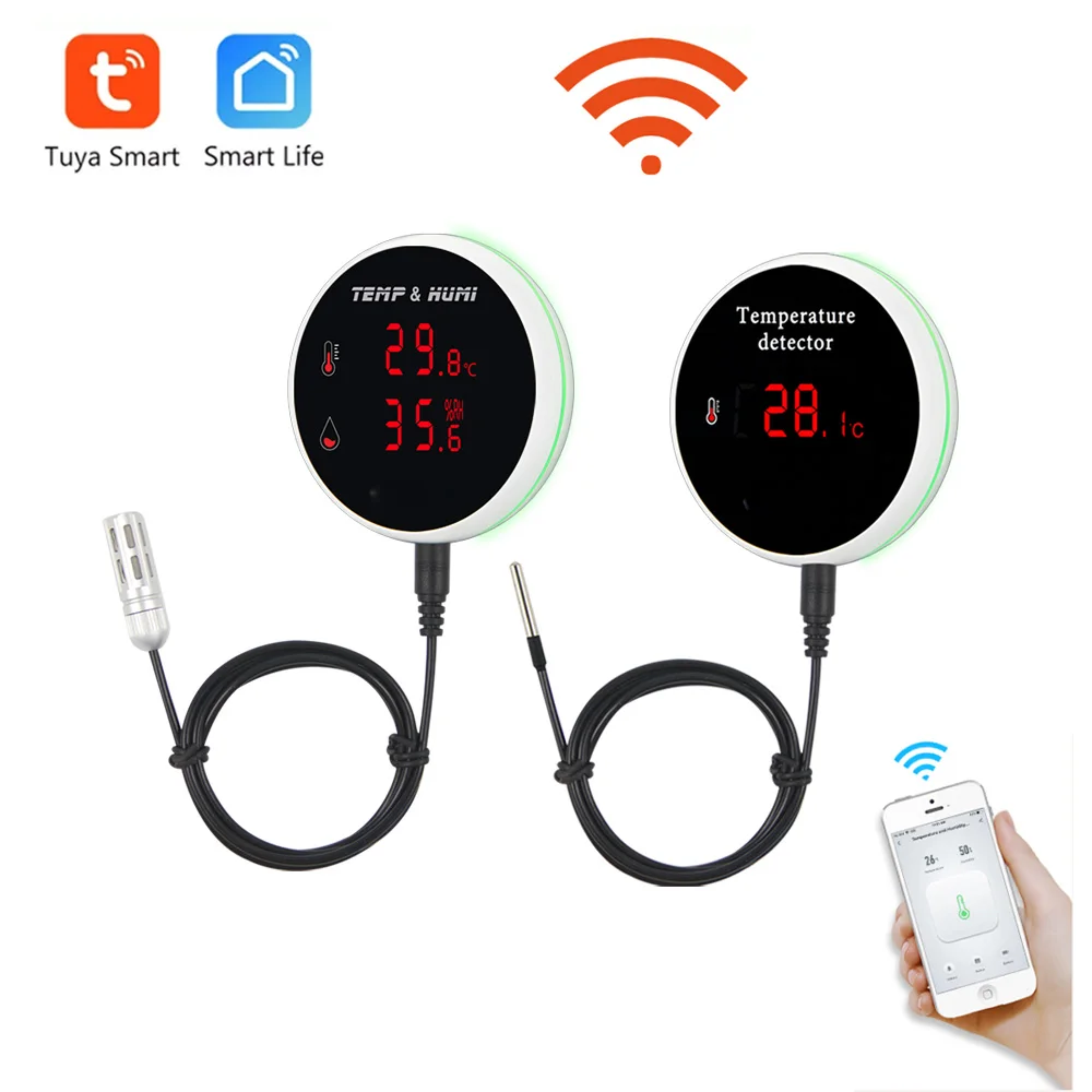 

Tuya WIFI Temperature and Humidity Sensor Thermometer Thermostat -40°C—+120°C with External 1M / 3M Cable App Remote Monitoring