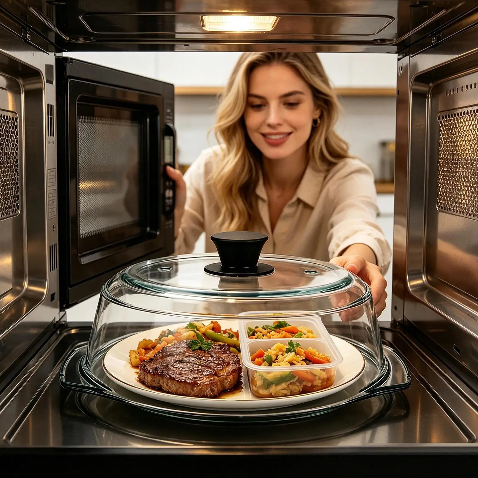 Microwave Splatter Cover Clear Heating Reusable Lid With Silicone Handle Microwave Splatter Cover Glass For Oven Bowls Plates