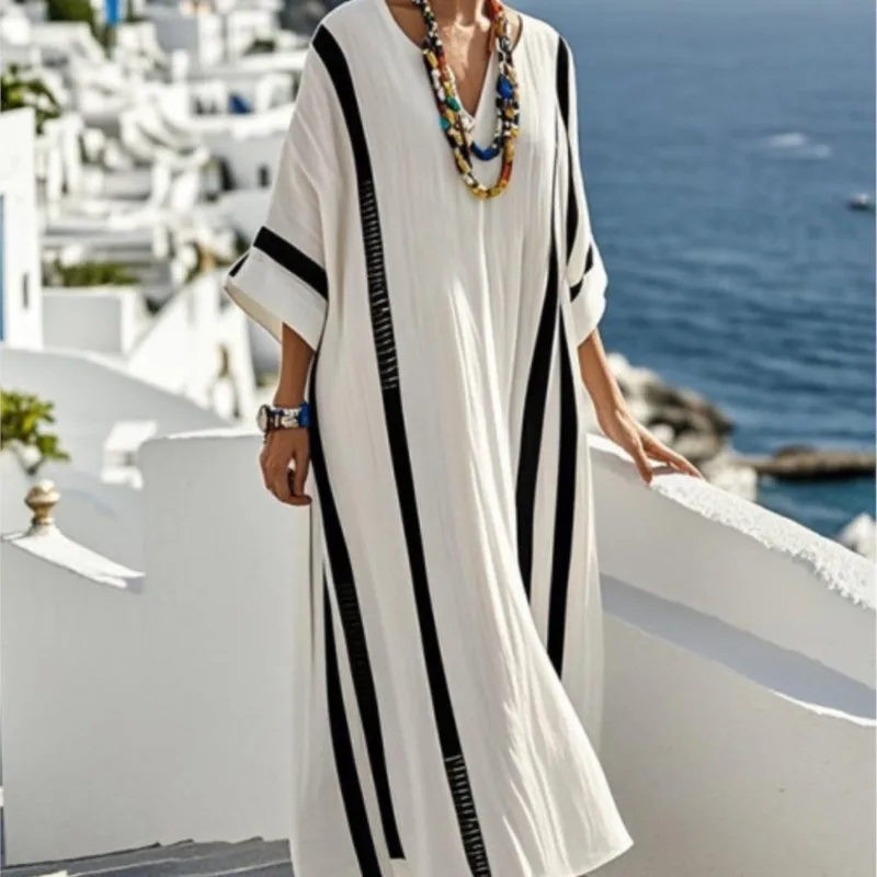 

Summer Vintage Contrasting Stripes Printed Loose Dresses Women New V-neck Half Sleeve Dress Casual Vacation Beach Dress Vestidos