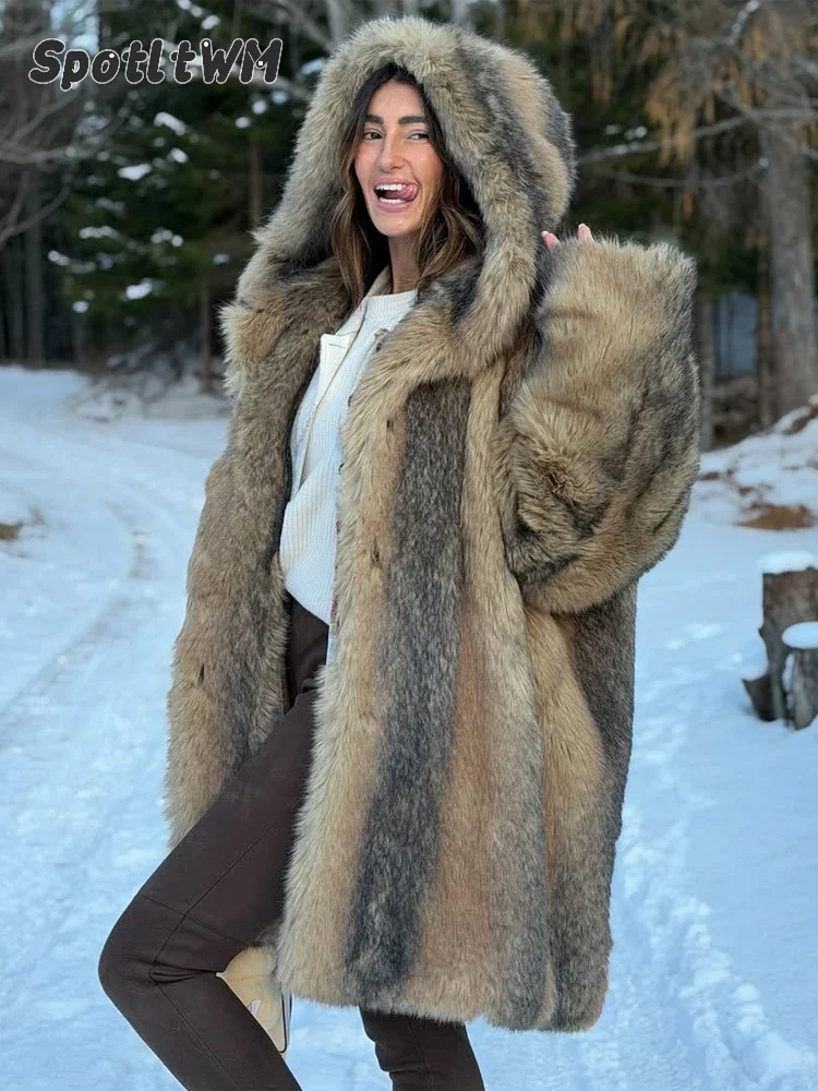 Women Mixed Brown Faux Fur Coat Oversized Wide Lapel Mid Length Thick Warm Luxury Chic Snow 2026 Winter Lady Outfit Overcoat