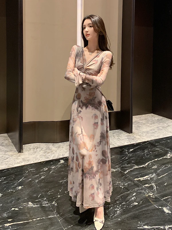 ドレス 長袖 レディースドレス 女性用 結婚式 パーティー 秋 モダール スモック スタンドネック レギュラーフィット プレッピースタイル リブ編み シンプル