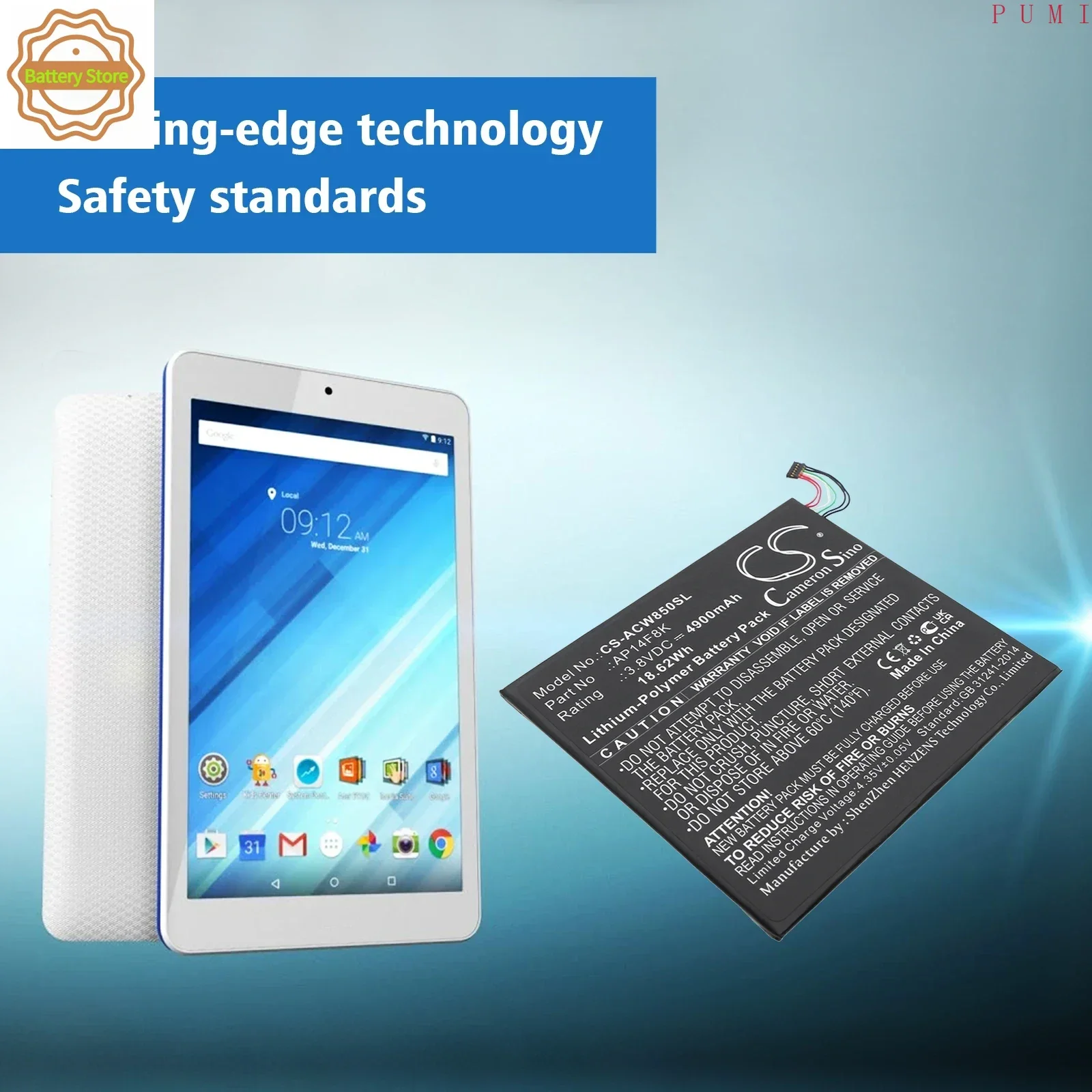 CS Replacement Battery for Acer Iconia Tab A1-850 B1-810 B1-820,GT-810,A1-840,B1-830,PN:AP14F8K,KT.0010M.003,4900mAh / 18.62Wh