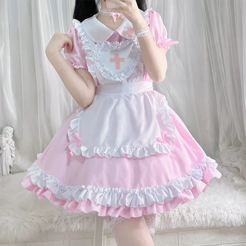 Gothic Lolita Cosplay Maid Costume Anime Cream Sweet Heart Pink Lolita Dress Maids Wear Uniform Short-sleeved Nurse Costumes