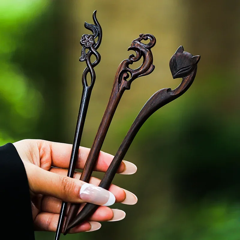 Retro Ebony Hairpin Chinese Antique Style Carved Hairpin Simple Temperament Qipao Hanfu Dished Hair Accessories for Women