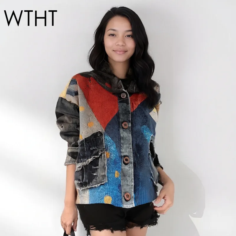 

WTHT модная женская контрастная цветная вязаная джинсовая куртка с капюшоном, осень 2022, новое модное пальто с длинными рукавами, женское 1LS2267