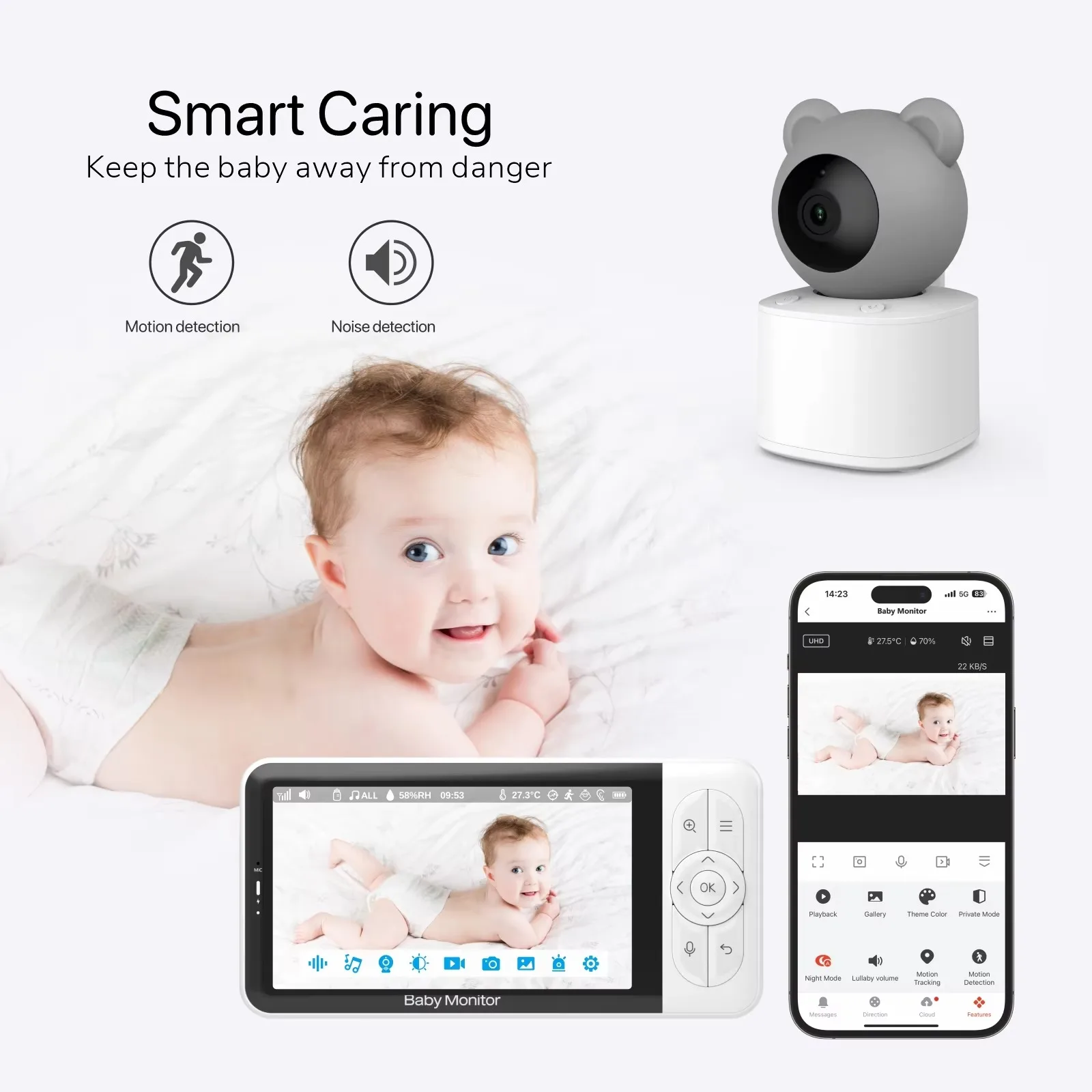 5.0inch Smart Baby Monitor 1080P Rechargeable Battery Camera Night Vision RGB Night Light 4000mAh Battery Video Baby Monitor