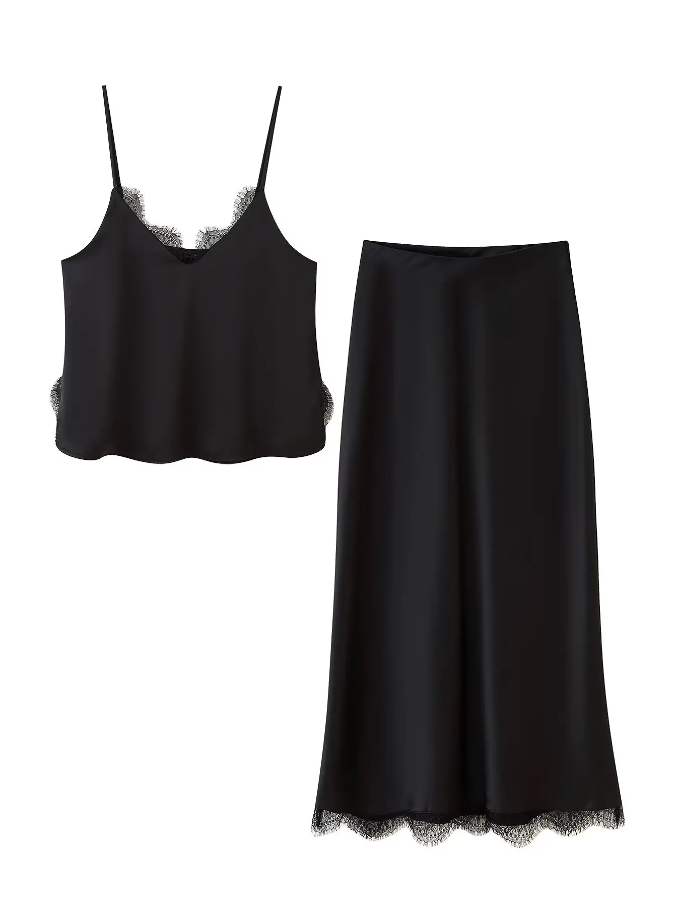 

2025 Summer New Arrival Women's Casual Fashion Minimalist Lace-Panel Strapless Crop Top + Satin Midi Skirt