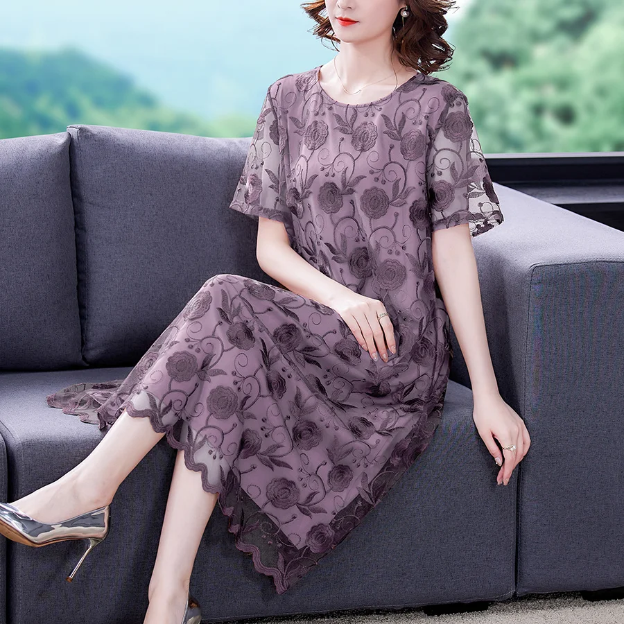 Self New Portrait Vantage 2023 Summer Design Black Mesh Embroidered Flowers Midi Dress O-Neck Short Sleeve For Women