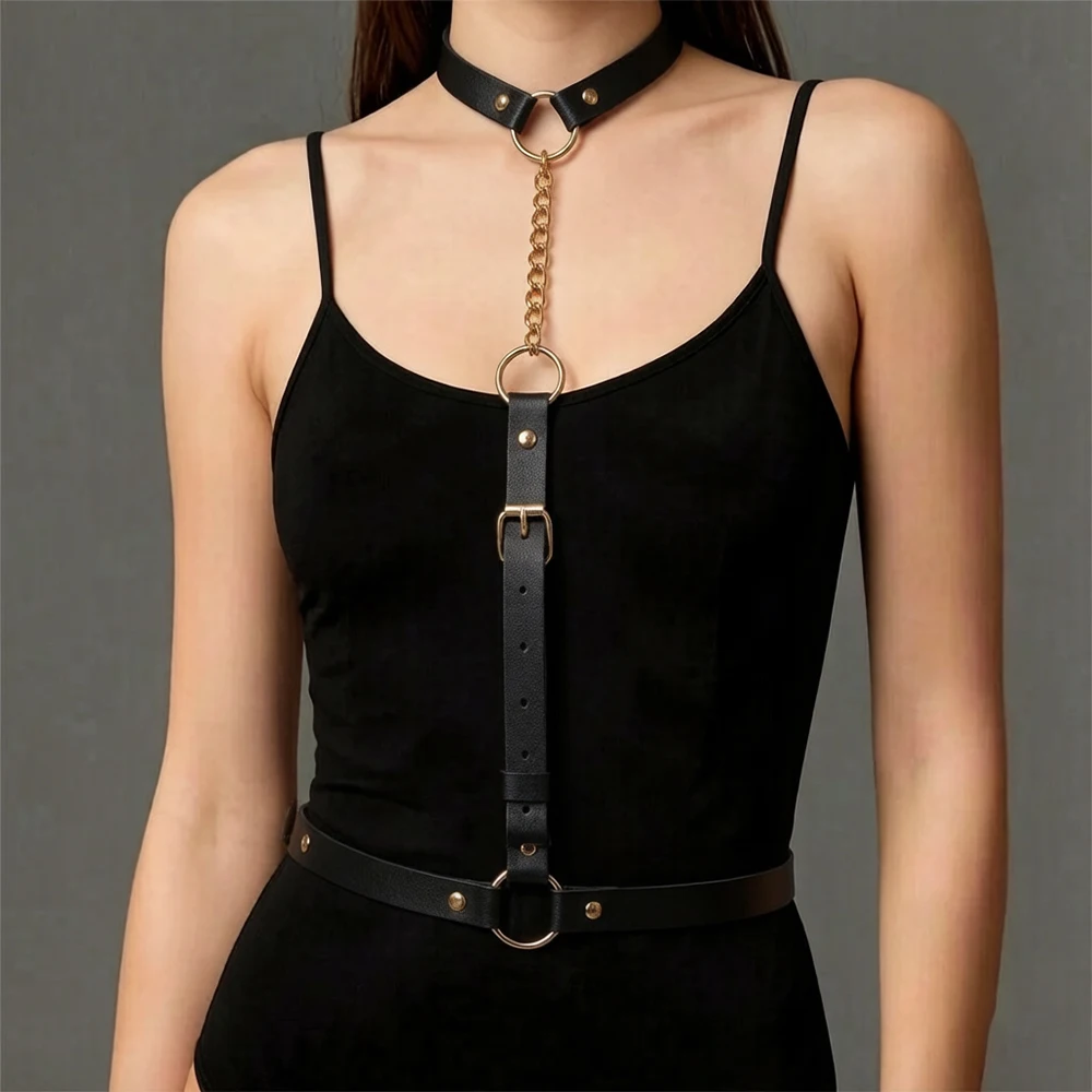 Women's Fashionable Gothic PU Leather Waist Belt with Neck Connection Y2K Style Adjustable Accessory for Valentine's Day