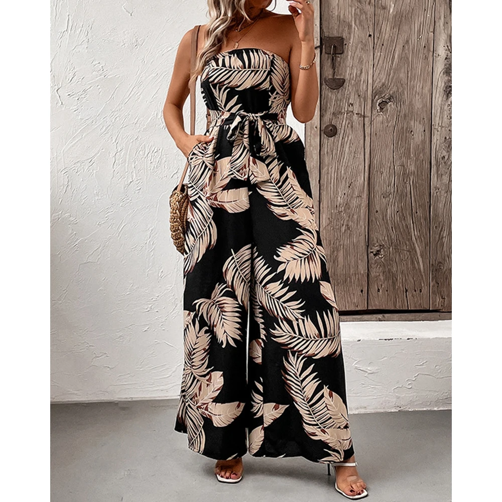 Dames Jumpsuit Jumpsuit Jumpsuit Met Tropisch Print Met Strik En Motief, Elegant Zwart Jumpsuit, Casual Eendelig Kleding