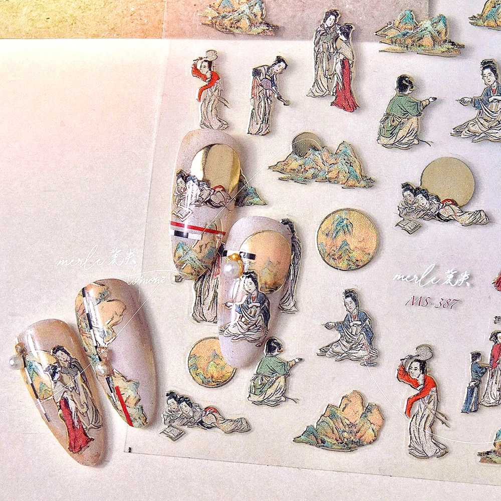 Hot Stamping Chinese Ancient Style The Maidens Painting 3D Self Adhesive Nail Art Decorations Stickers Vintage Manicure Decals