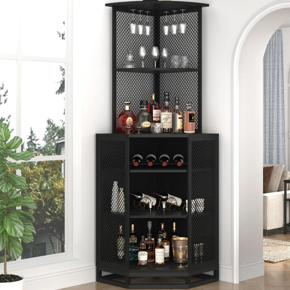 Hoekkast in industriële stijl met 5 planken en glazen rek voor thuisbaropslag