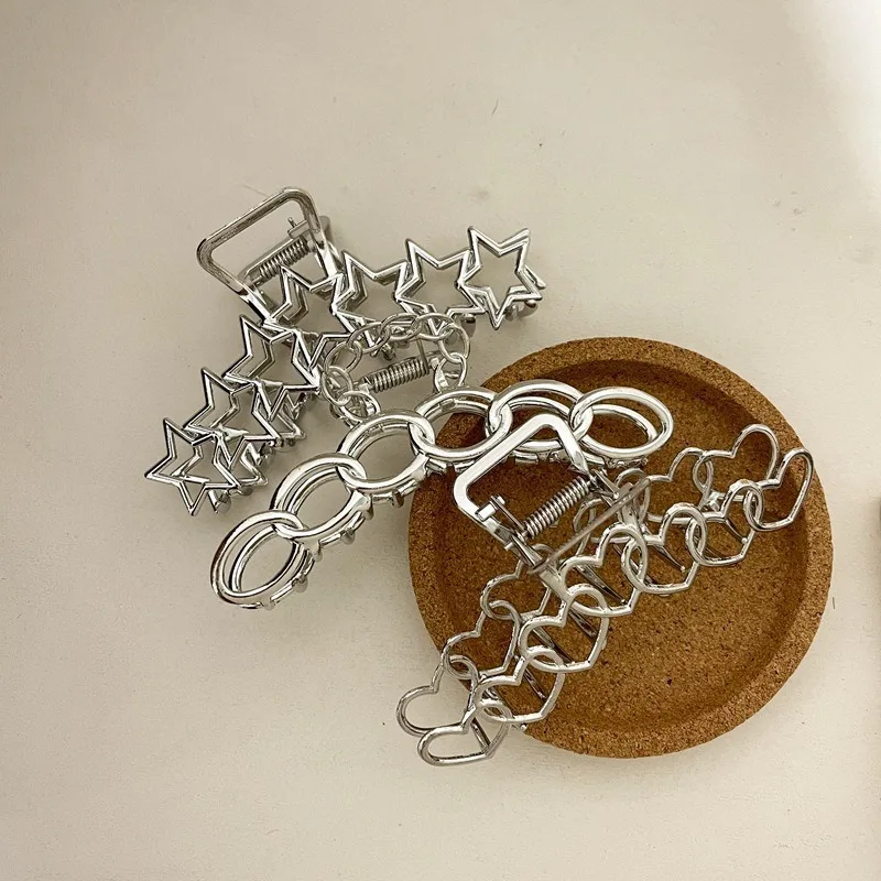 1pc Novel Silver Metallic Hair Claw Clips Star Chain Heart Designs Perfect for Y2K Edgy Daily Styles Trendy Hair Accessories