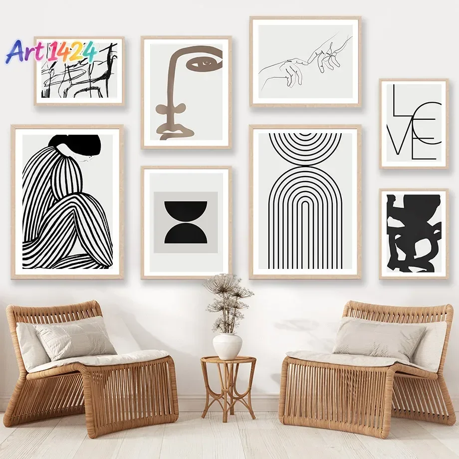 Black Line Girl Face Rainbow Geometry Wall Art Canvas Painting Abstract Posters Prints Wall Pictures for Living Room Home Dec