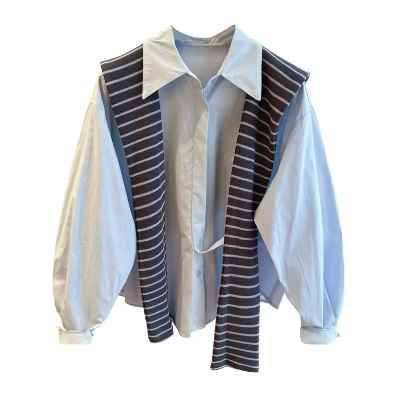 Long Sleeve Loose Striped Shirt With Cape Two Piece Casual Top