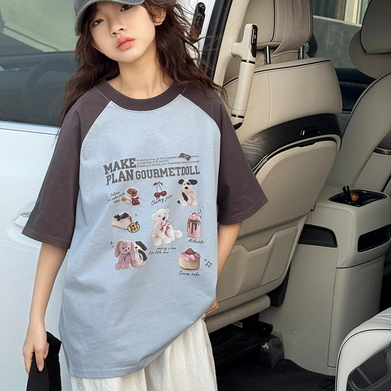 Girls' Short Sleeve T-Shirt for Big Kids Raglan Sleeve Pure Cotton Loose Fit Versatile Summer Top for Kids