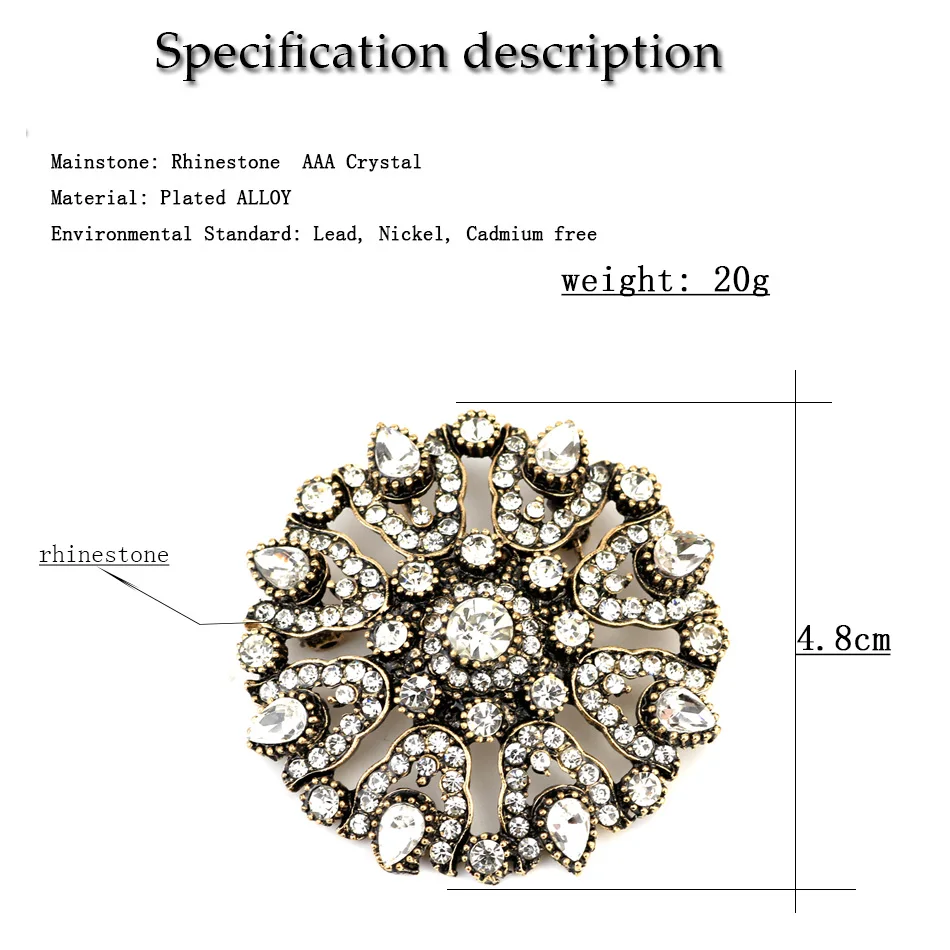 Sunpicems Vintage Turkish Flower Brooch for Women Full Rhinestone Antique Gold Color Round Crystal Pins Jewelry Love Gift 2020